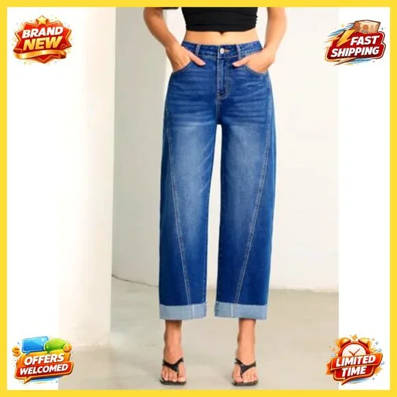 High Waisted Wide Leg Barrel Jeans Stretch Denim Cropped Ankle Pants